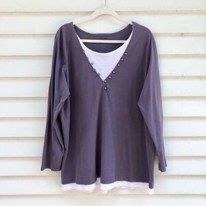 Main Street Blues Purple  V-Neck Long Sleeve Tee Cotton Decorative Buttons 1X